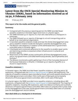 Latest from the OSCE Special Monitoring Mission to Ukraine (SMM), Based on Information Received As of 19:30, 8 February 2019 | OSCE