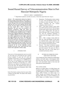 Sound Hazard Survey of Telecommunication Mast in Port Harcourt Metropolis Nigeria