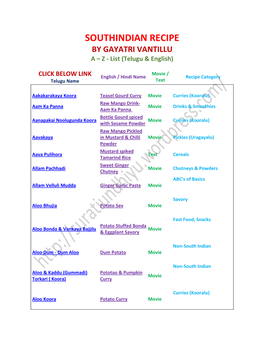 SOUTHINDIAN RECIPE by GAYATRI VANTILLU a – Z - List (Telugu & English)