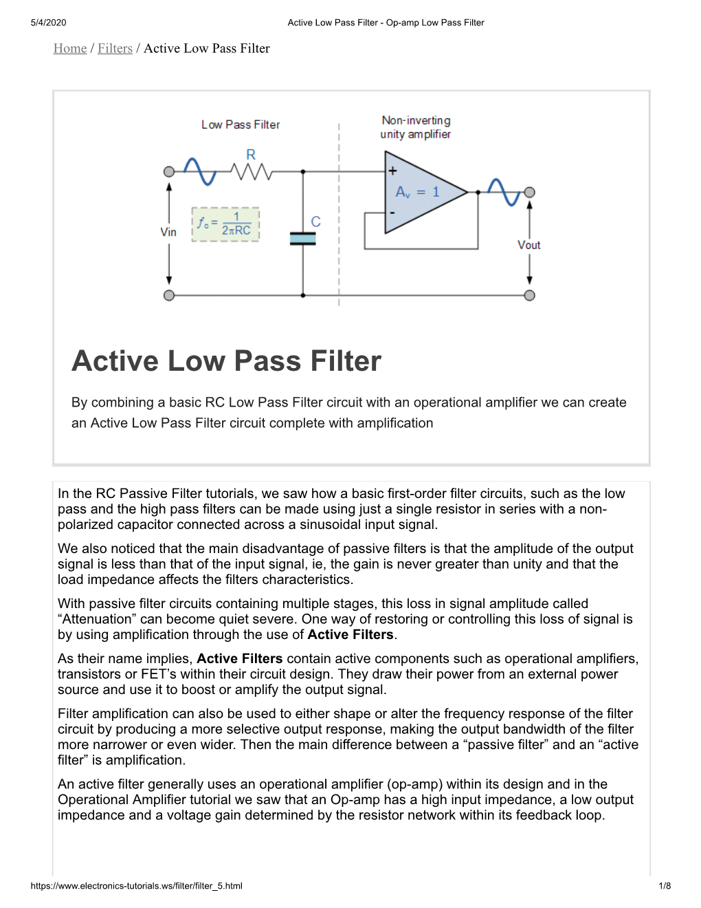 Active Low Pass Filter - Op-Amp Low Pass Filter - DocsLib