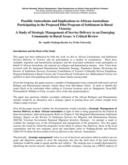 Possible Antecedents and Implications to African-Australians Participating in the Proposed Pilot Program of Settlement in Rural