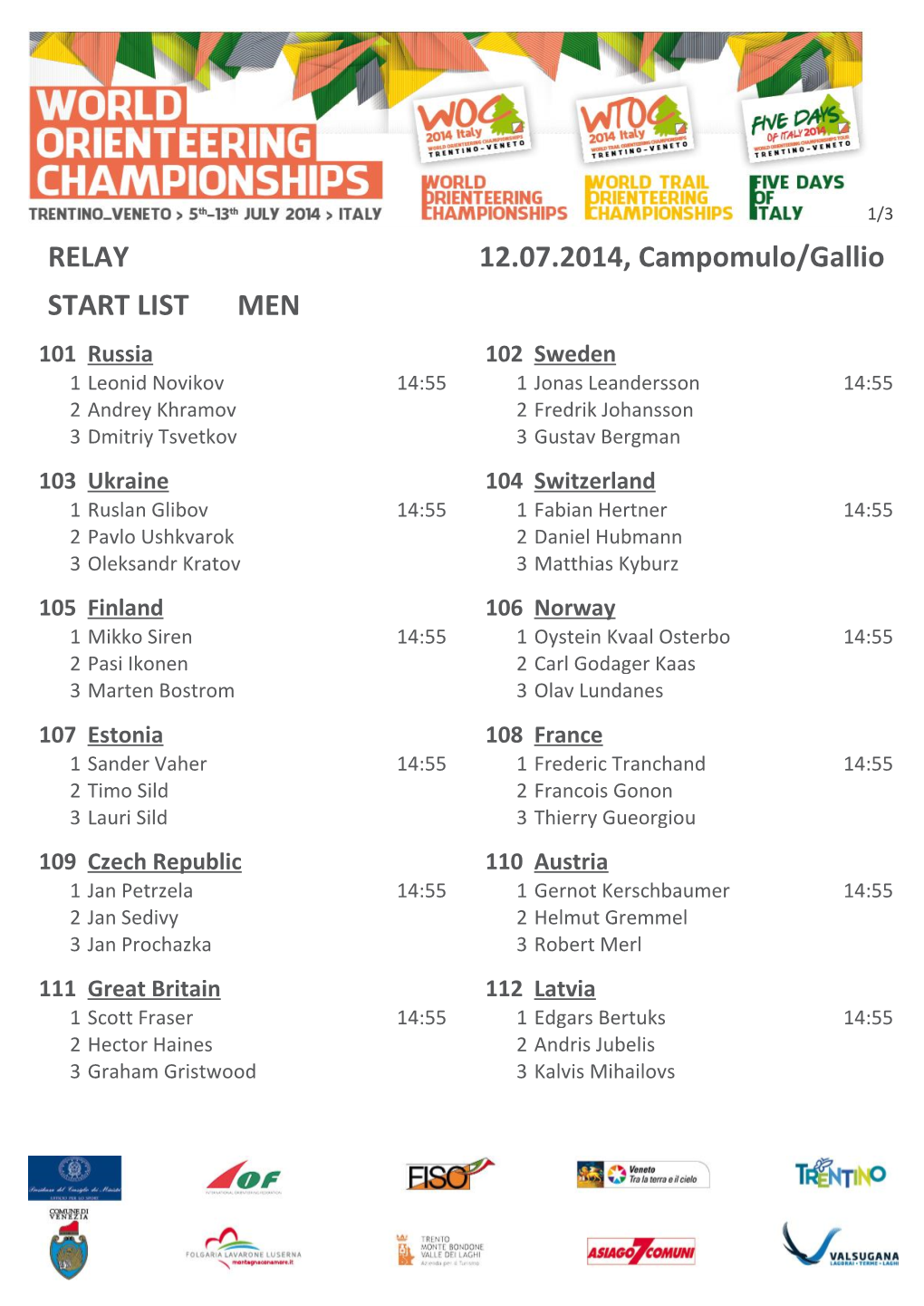 MEN START LIST RELAY 12.07.2014, Campomulo/Gallio