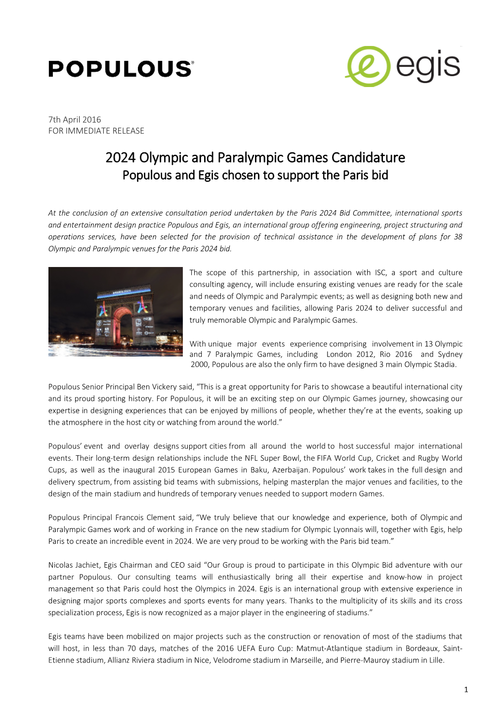 2024 Olympic and Paralympic Games Candidature Populous and Egis Chosen to Support the Paris Bid