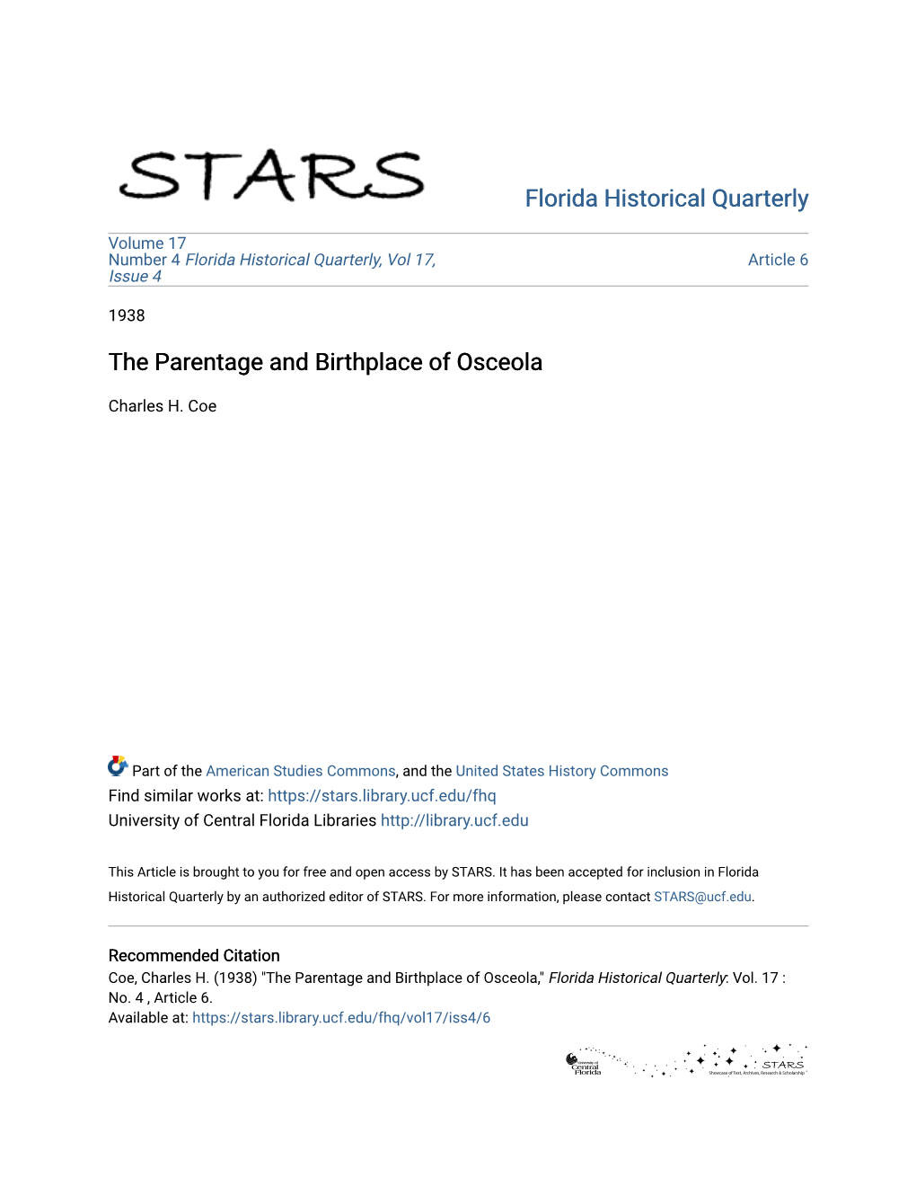 The Parentage and Birthplace of Osceola