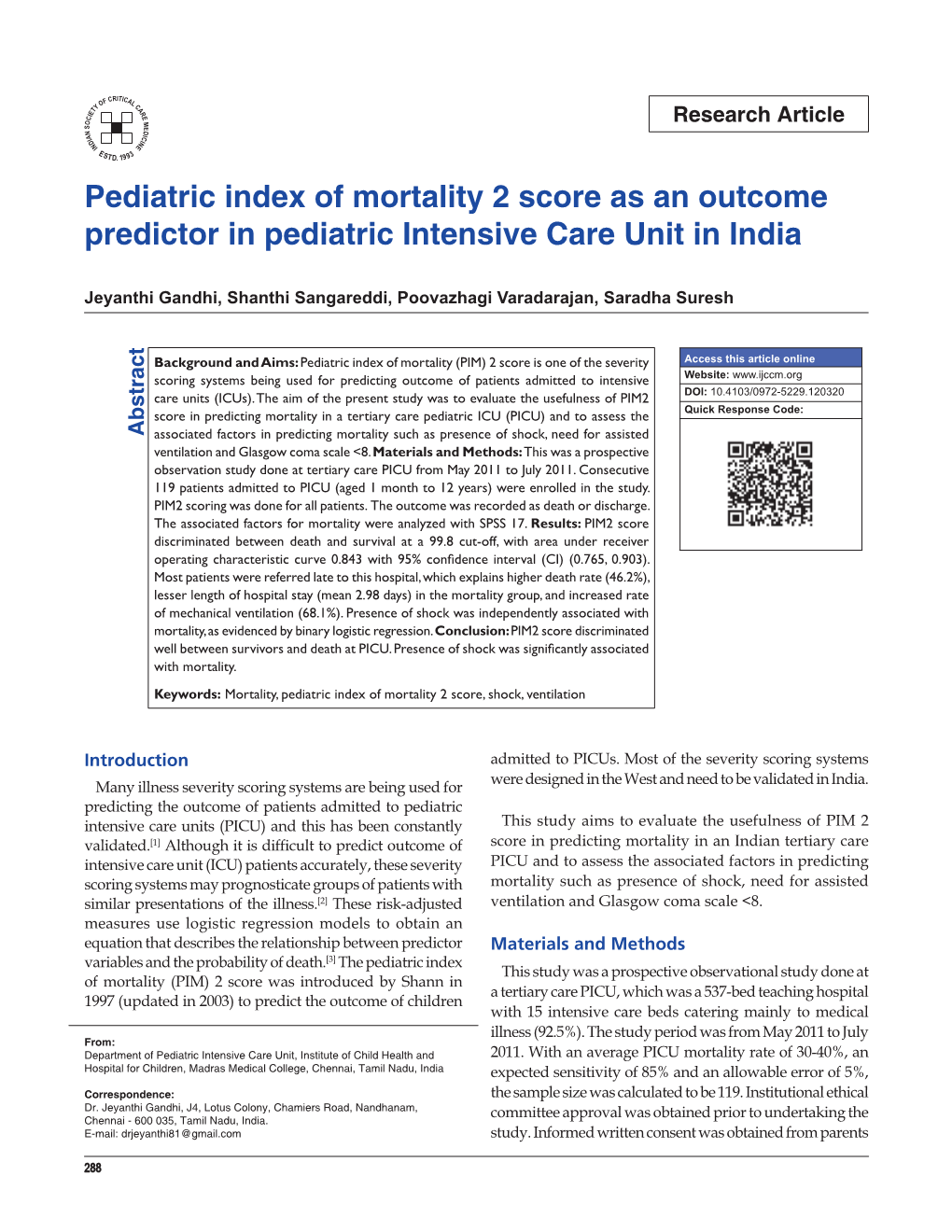 Pediatric Index of Mortality 2 Score As an Outcome Predictor in Pediatric Intensive Care Unit in India