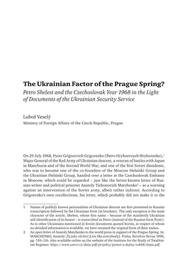 The Ukrainian Factor of the Prague Spring? Petro Shelest and the Czechoslovak Year 1968 in the Light of Documents of the Ukrainian Security Service