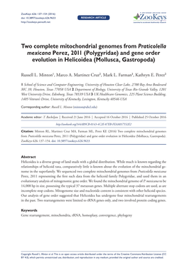 Two Complete Mitochondrial Genomes from Praticolella Mexicana Perez, 2011 (Polygyridae) and Gene Order Evolution in Helicoide