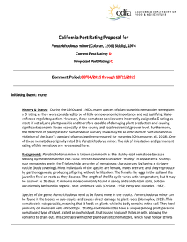 Paratrichodorus Minor (Colbran, 1956) Siddiqi, 1974 Current Pest Rating: D Proposed Pest Rating: C