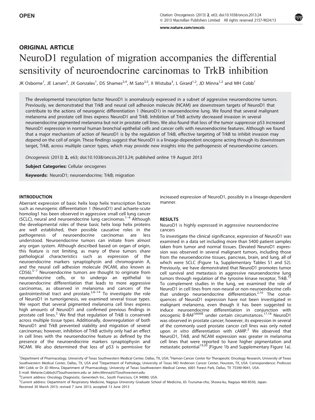 Neurod1 Regulation of Migration Accompanies the Differential Sensitivity of Neuroendocrine Carcinomas to Trkb Inhibition