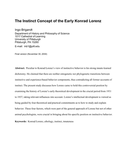 The Instinct Concept of the Early Konrad Lorenz