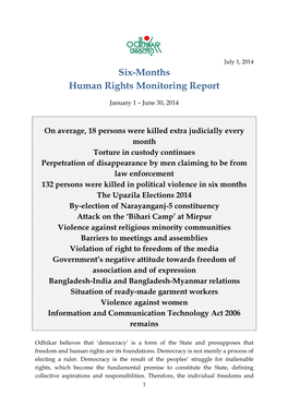 Odhikar's Six Months' Human Rights Monitoring Report Jan-Jun 2014 View