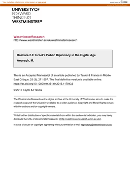 Westminsterresearch Hasbara 2.0: Israel's Public Diplomacy in the Digital Age Aouragh, M