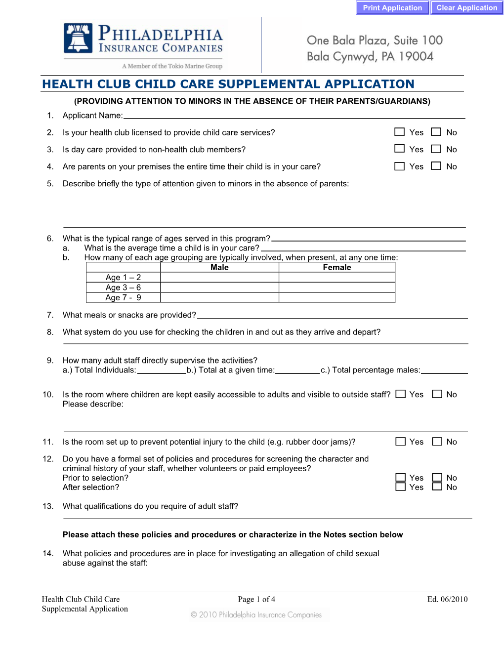 Health Club Child Care Supplemental Application