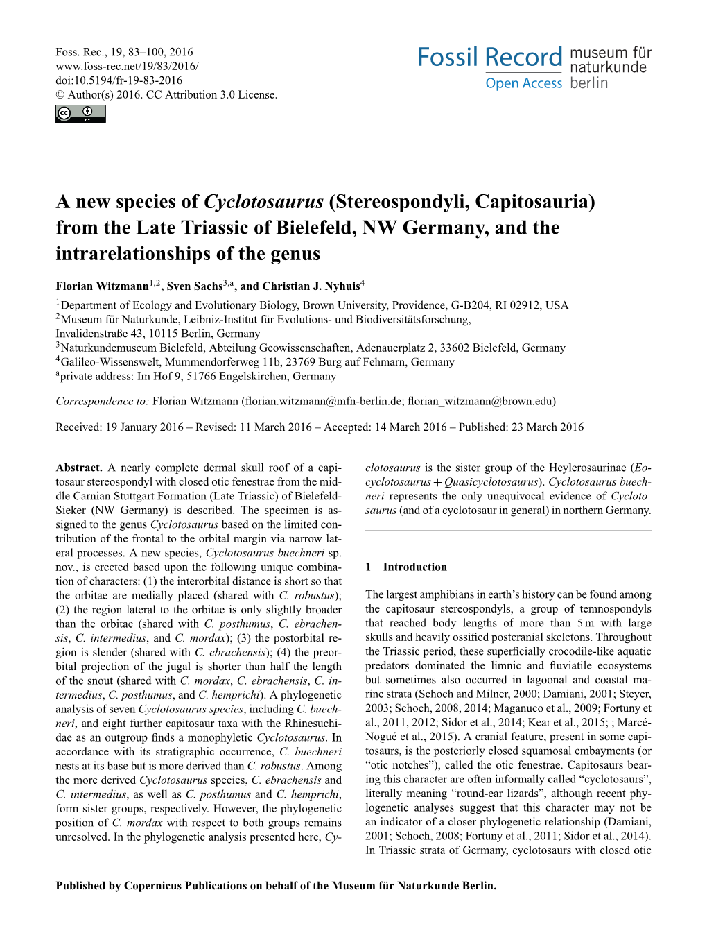 A New Species of Cyclotosaurus (Stereospondyli, Capitosauria) from the Late Triassic of Bielefeld, NW Germany, and the Intrarelationships of the Genus