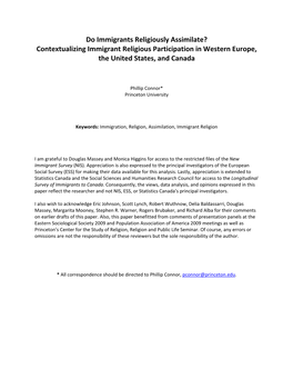 Do Immigrants Religiously Assimilate? Contextualizing Immigrant Religious Participation in Western Europe, the United States, and Canada