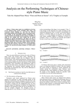 Analysis on the Performing Techniques of Chinese- Style Piano Music Take the Adapted Piano Music “Flute and Drum at Sunset” of Li Yinghai As Example
