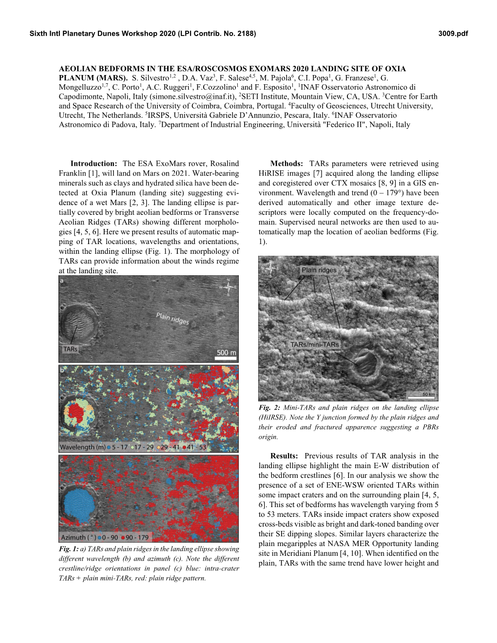 Aeolian Bedforms in the Esa/Roscosmos Exomars 2020 Landing Site of Oxia Planum (Mars)