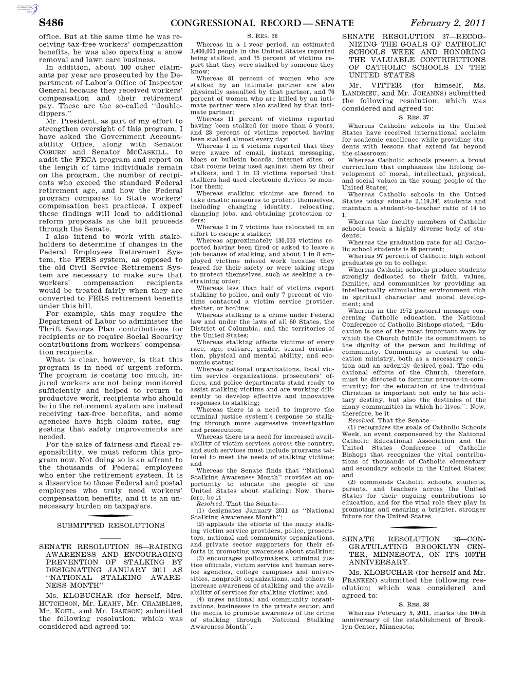 Congressional Record—Senate S486