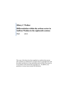 Hilary C Walker Differentiation Within the Artisan Sector in Saffron Walden in the Eighteenth Century Phd 2014
