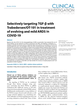 Selectively Targeting TGF-Β with Trabedersen/OT-101 in Treatment of Evolving and Mild ARDS in COVID-19