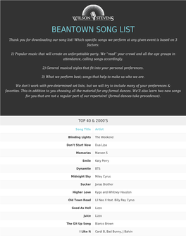 Beantown Song List