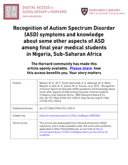 Recognition of Autism Spectrum Disorder (ASD) Symptoms and Knowledge About Some Other Aspects of ASD Among Final Year Medical Students in Nigeria, Sub-Saharan Africa