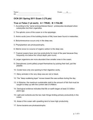 OCN 201 Spring 2011 Exam 3 (75 Pts) True Or False (1 Pt Each)