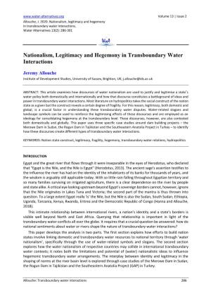 Nationalism, Legitimacy and Hegemony in Transboundary Water Interactions