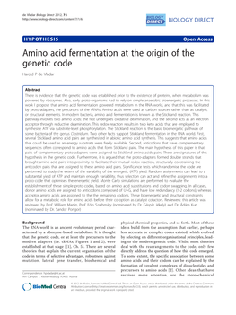 Amino Acid Fermentation at the Origin of the Genetic Code Harold P De Vladar