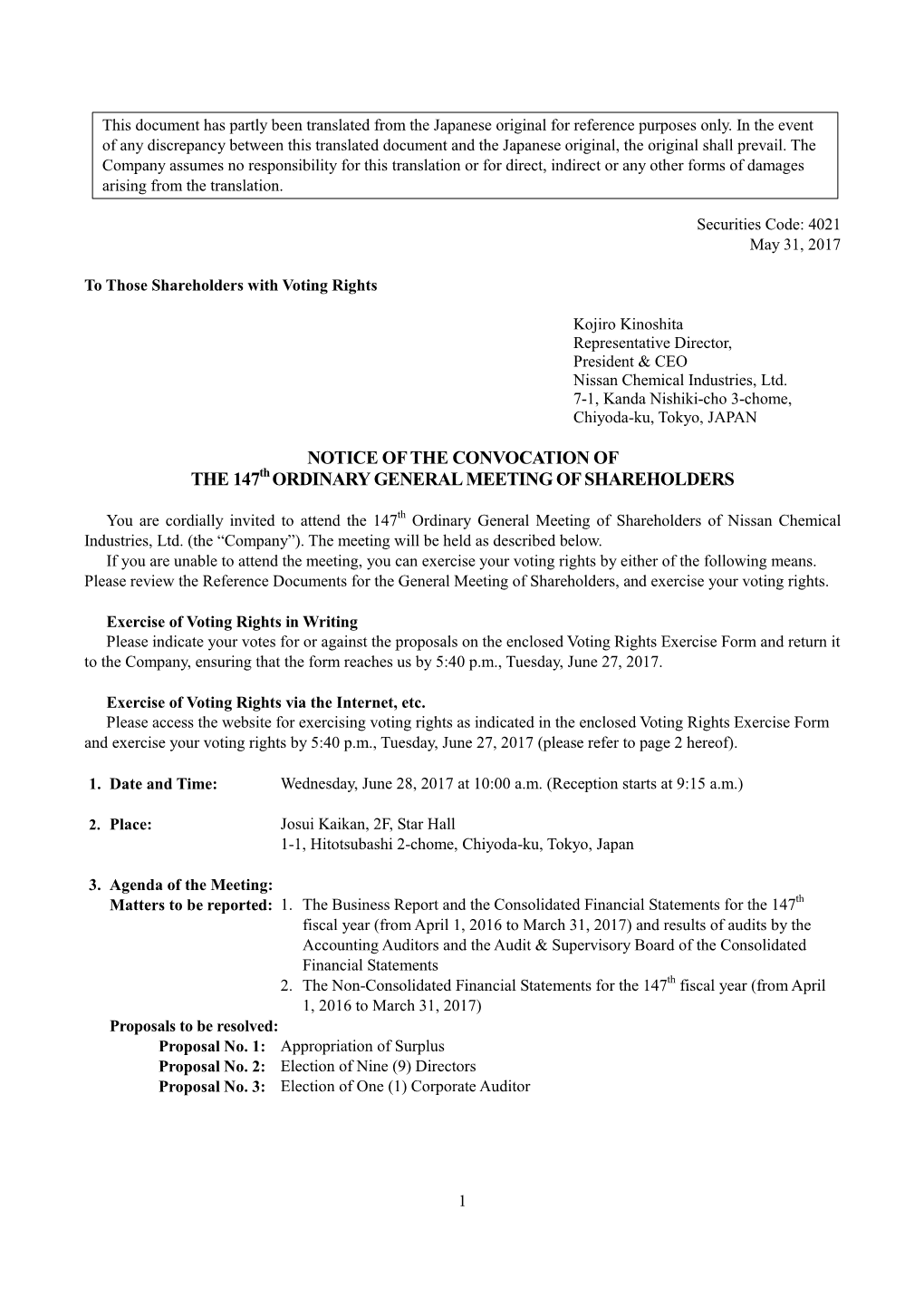 NOTICE of the CONVOCATION of the 147Th ORDINARY GENERAL MEETING of SHAREHOLDERS