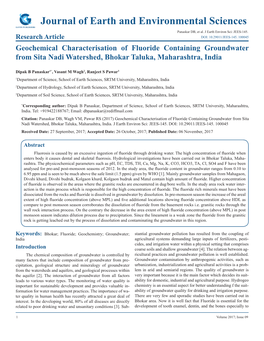 Journal of Earth and Environmental Sciences Panaskar DB, Et Al