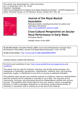 Cross-Cultural Perspectives on Secular Vocal Performance in Early Wales Christopher Macklin Available Online: 03 Nov 2009