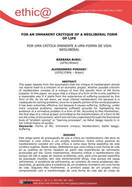 For an Immanent Critique of a Neoliberal Form of Life Por Uma Crítica Imanente a Uma Forma De Vida Neoliberal