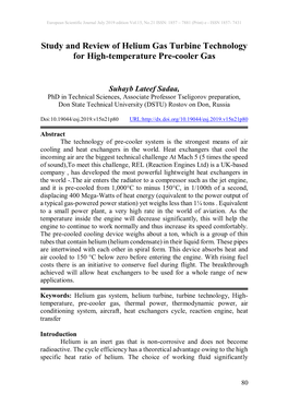 Study and Review of Helium Gas Turbine Technology for High-Temperature Pre-Cooler Gas