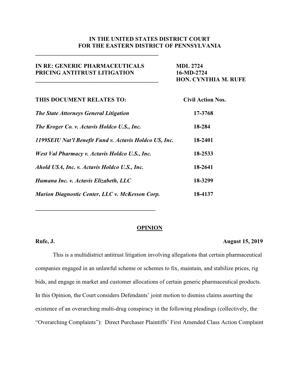 Generic Pharmaceuticals Mdl 2724 Pricing Antitrust Litigation 16-Md-2724 ______Hon