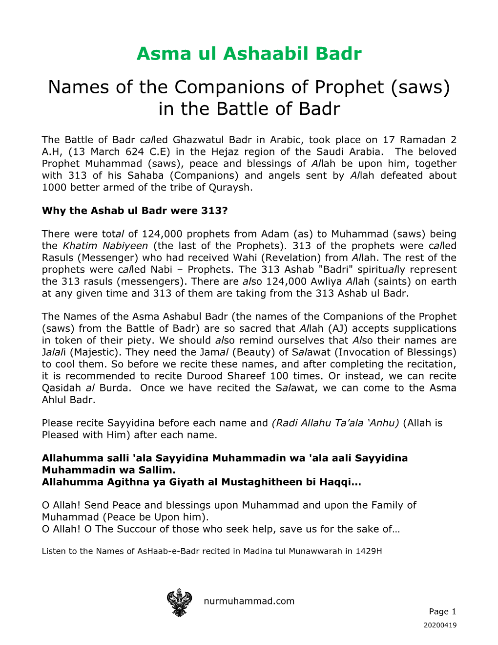 Asma Ul Ashaabil Badr Names of the Companions of Prophet (Saws) in the Battle of Badr