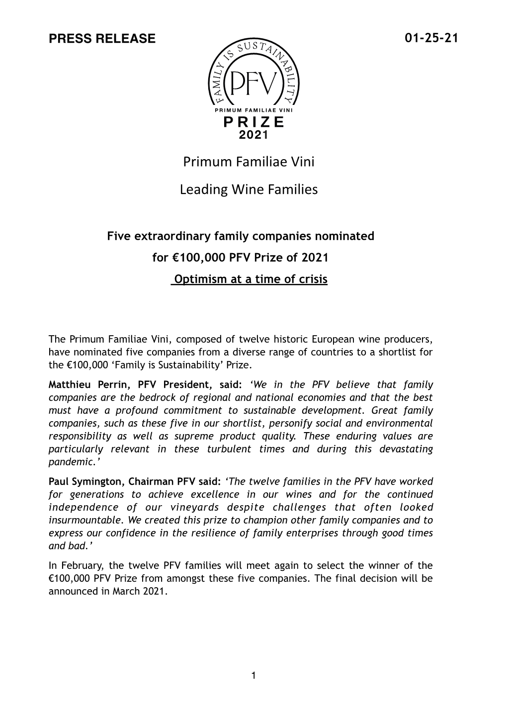 PFV Prize- Press Release