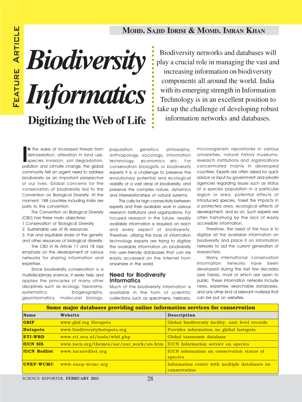 Biodiversity Informatics Vs