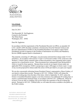 Letter of Notification of Presidential Records Release (Clinton)