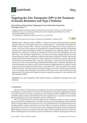 Targeting the Zinc Transporter ZIP7 in the Treatment of Insulin Resistance and Type 2 Diabetes
