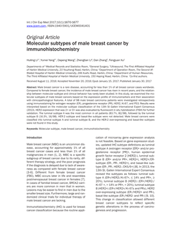 Original Article Molecular Subtypes of Male Breast Cancer by Immunohistochemistry