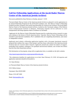 Call for Fellowship Applications at the Jacob Rader Marcus Center of the American Jewish Archives