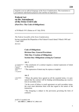 Federal Act on the Amendment of the Swiss Civil Code (Part Five: the Code of Obligations) of 30 March 1911 (Status As of 1 July 2014)