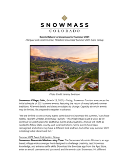 Summer 2021 Marquee and Local Favorites Headline Snowmass’ Summer 2021 Event Lineup