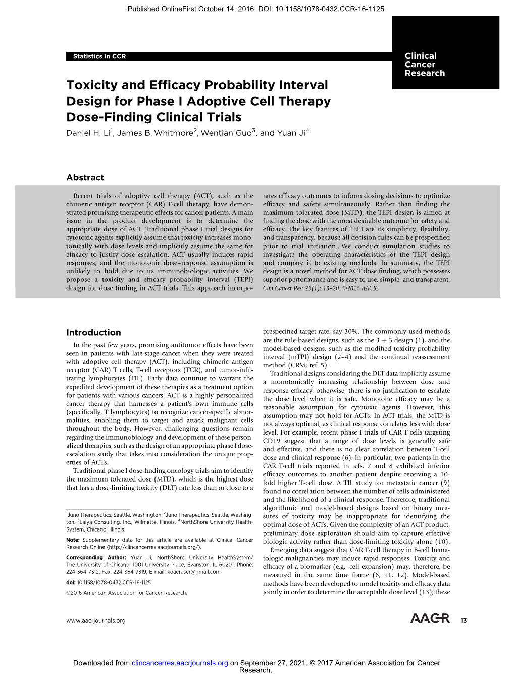 Toxicity And Efficacy Probability Interval Design For Phase I Adoptive ...