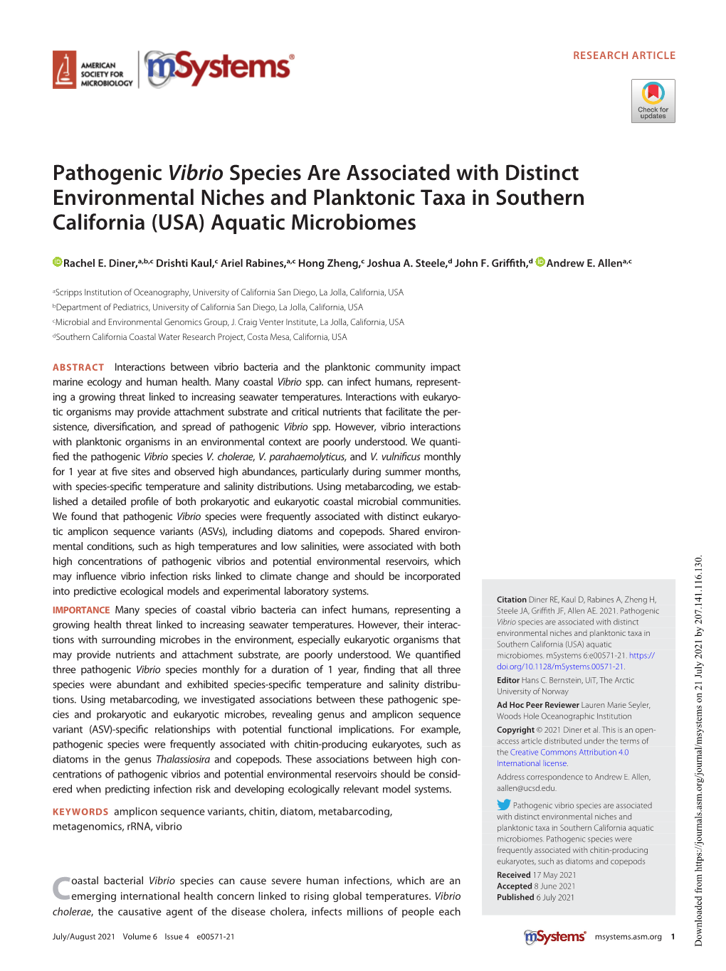 Pathogenic Vibrio Species Are Associated with Distinct Environmental Niches and Planktonic Taxa in Southern California (USA) Aquatic Microbiomes