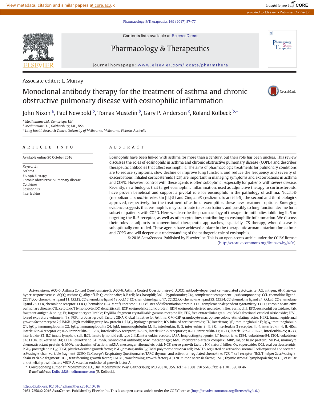 Monoclonal Antibody Therapy for the Treatment of Asthma and Chronic Obstructive Pulmonary Disease with Eosinophilic Inﬂammation