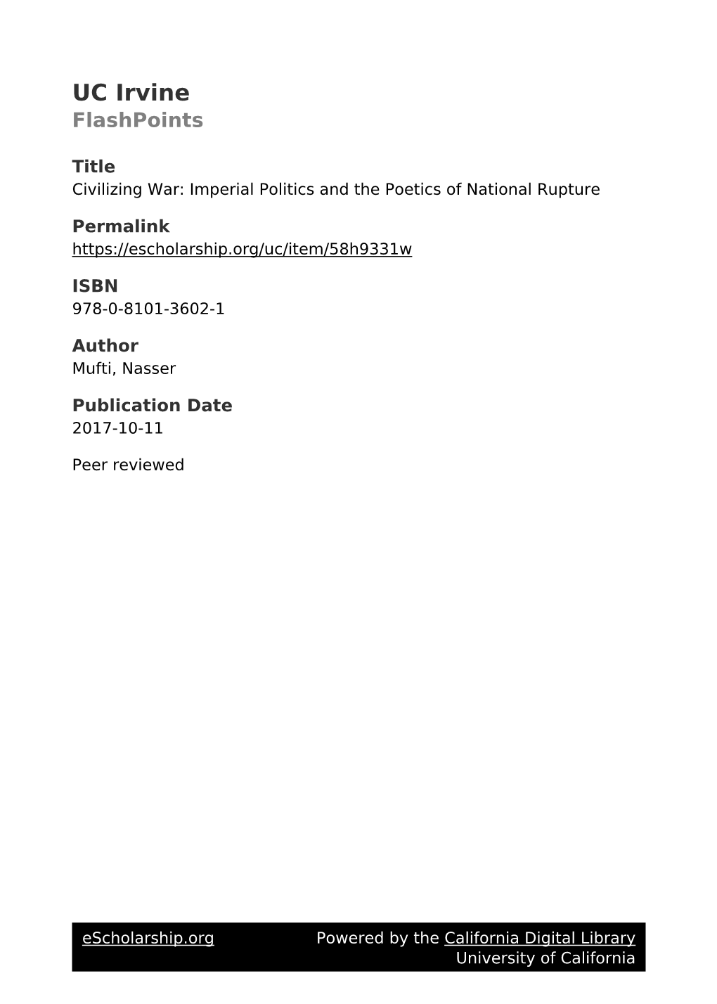 Civilizing War: Imperial Politics and the Poetics of National Rupture