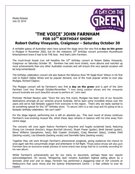 JOHN FARNHAM for 10TH BIRTHDAY SHOW! Robert Oatley Vineyards, Craigmoor – Saturday October 30
