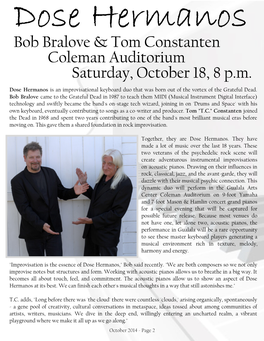 Bob Bralove & Tom Constanten Coleman Auditorium Saturday